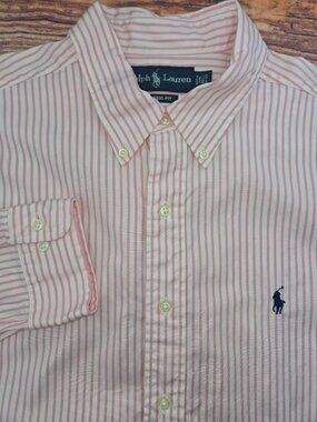Ralph Lauren Mens Pink Striped Dress Shirt 16.5/32-33 Large Classic Fit